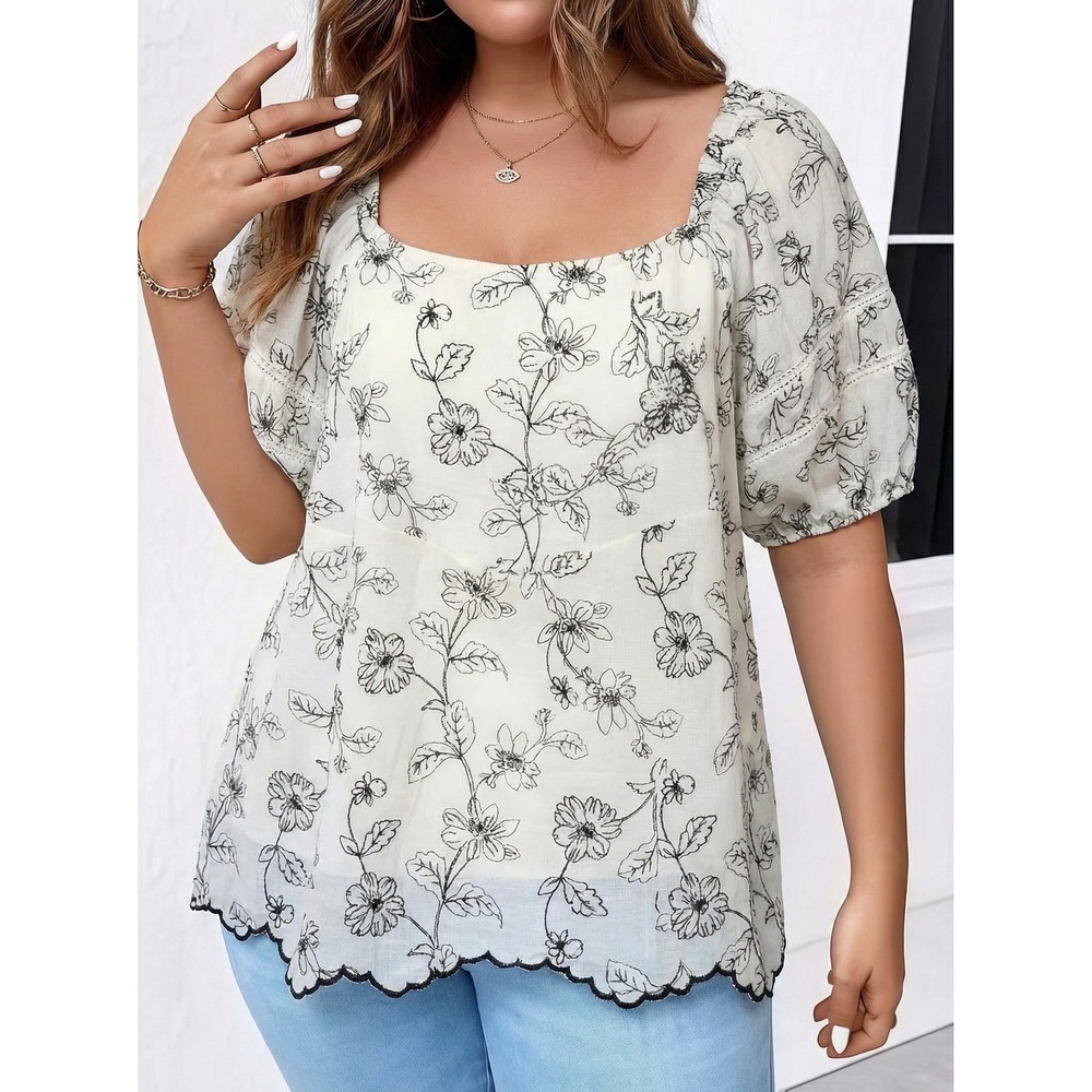SOLITAIRE Boho Floral Embroidered Square Neck Puff Sleeve Scallop Hem Size XL